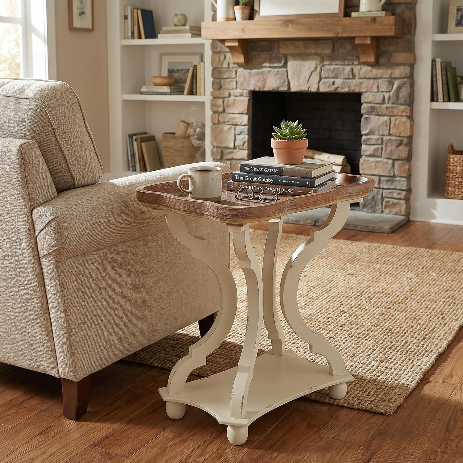 Christopher Knight Home Esther French Country Accent Table with Rectangular Top, Natural + Distressed White