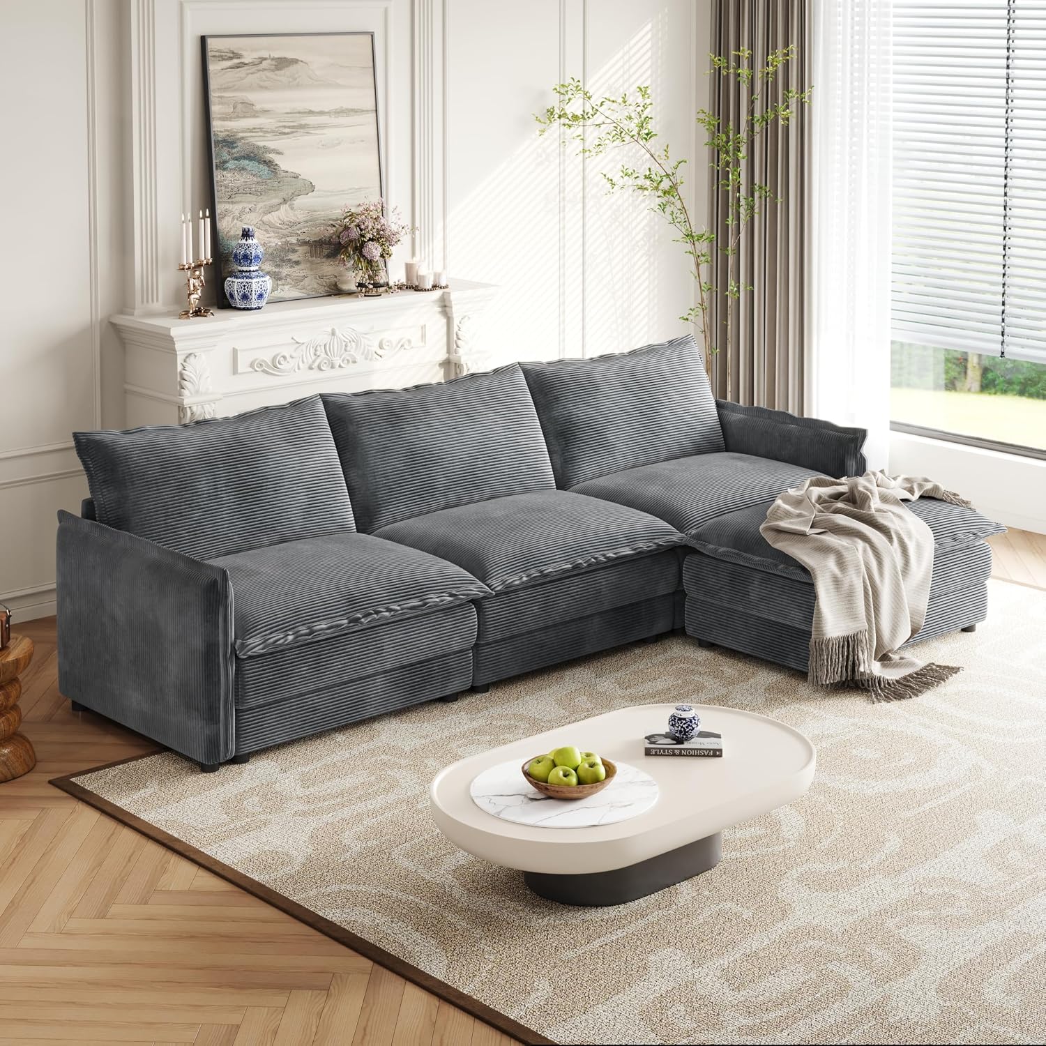 Gecheer Corduroy Fabric 3-Seater Couch with Movable Footrest, L-Shaped Sofa Set with 3 Cushions for Living Room, Bedroom, Terrace