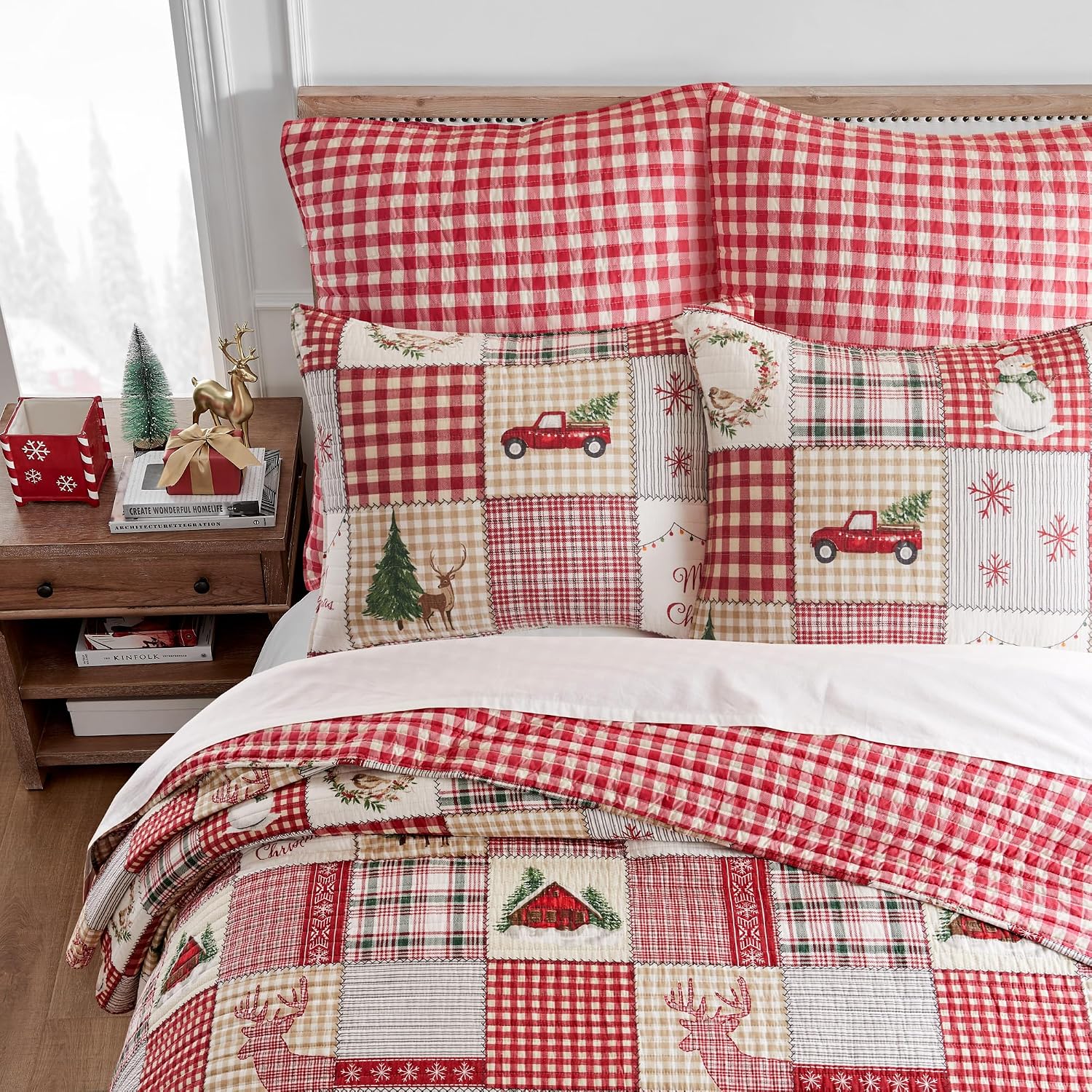 Levtex Home - Home for Christmas Bedspread Set - Full Bedspread and Two Standard Shams - Patchwork - Green Red Taupe Cream - Bedspread (96X106in.) and Shams (20x26in.) - Cotton