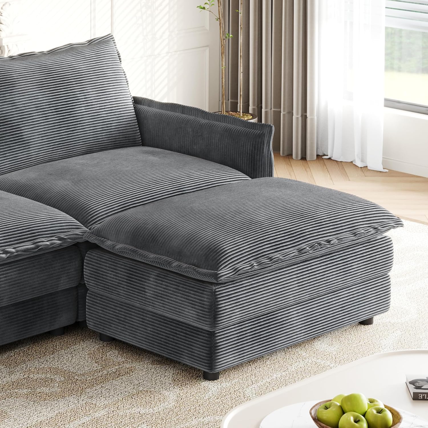 Gecheer Corduroy Fabric 3-Seater Couch with Movable Footrest, L-Shaped Sofa Set with 3 Cushions for Living Room, Bedroom, Terrace
