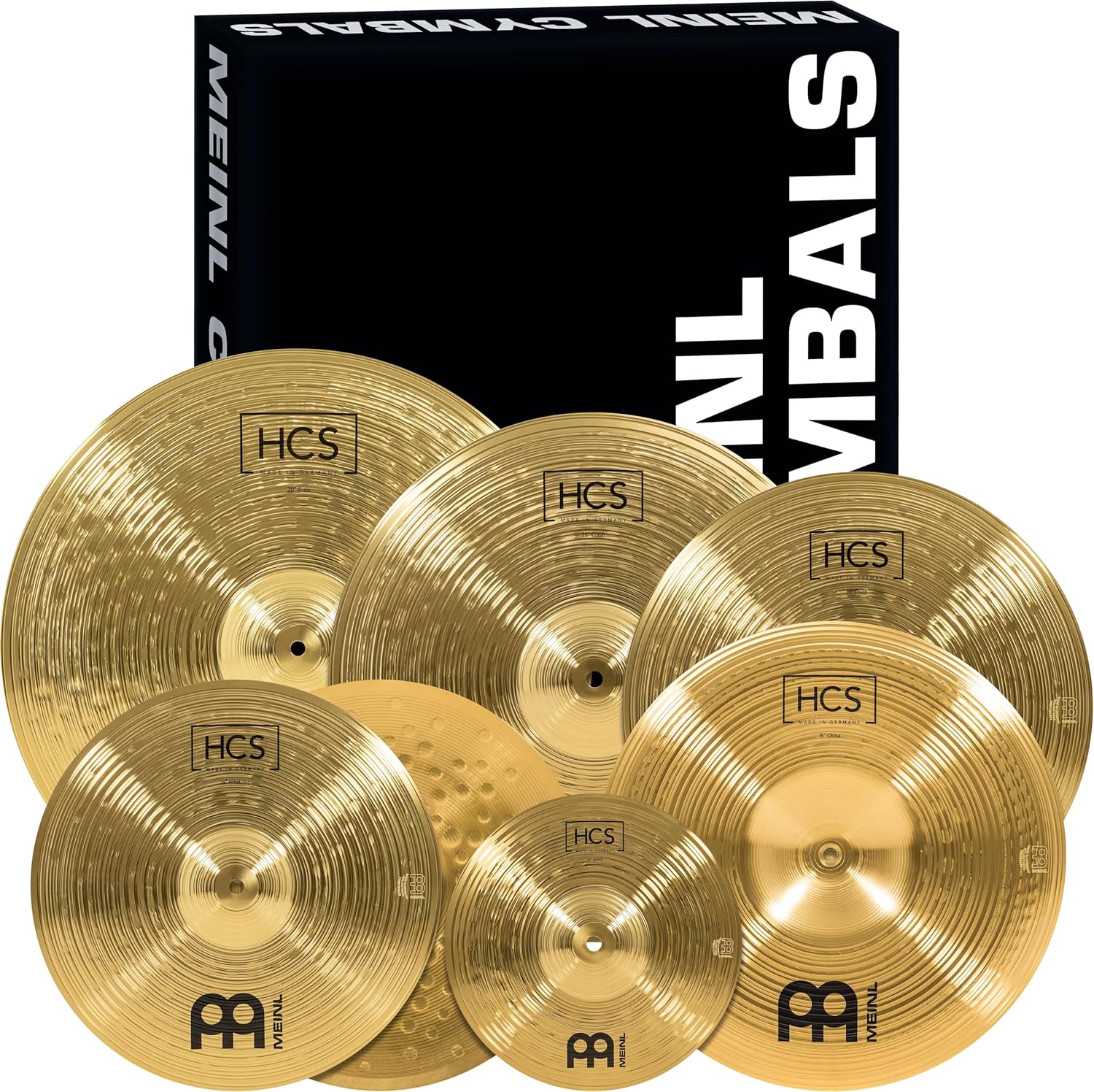 Meinl Cymbals Super Set Box Pack with 14' Hihats, 20' Ride, 16' Crash, 18' Crash, 16' China, and a 10' Splash – HCS Traditional Finish Brass – Made In Germany, 2-YEAR WARRANTY (HCS-SCS)
