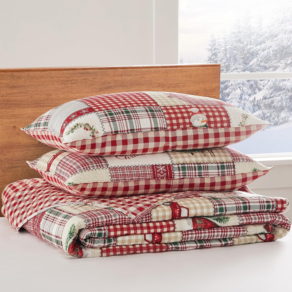 Levtex Home - Home for Christmas Bedspread Set - Full Bedspread and Two Standard Shams - Patchwork - Green Red Taupe Cream - Bedspread (96X106in.) and Shams (20x26in.) - Cotton