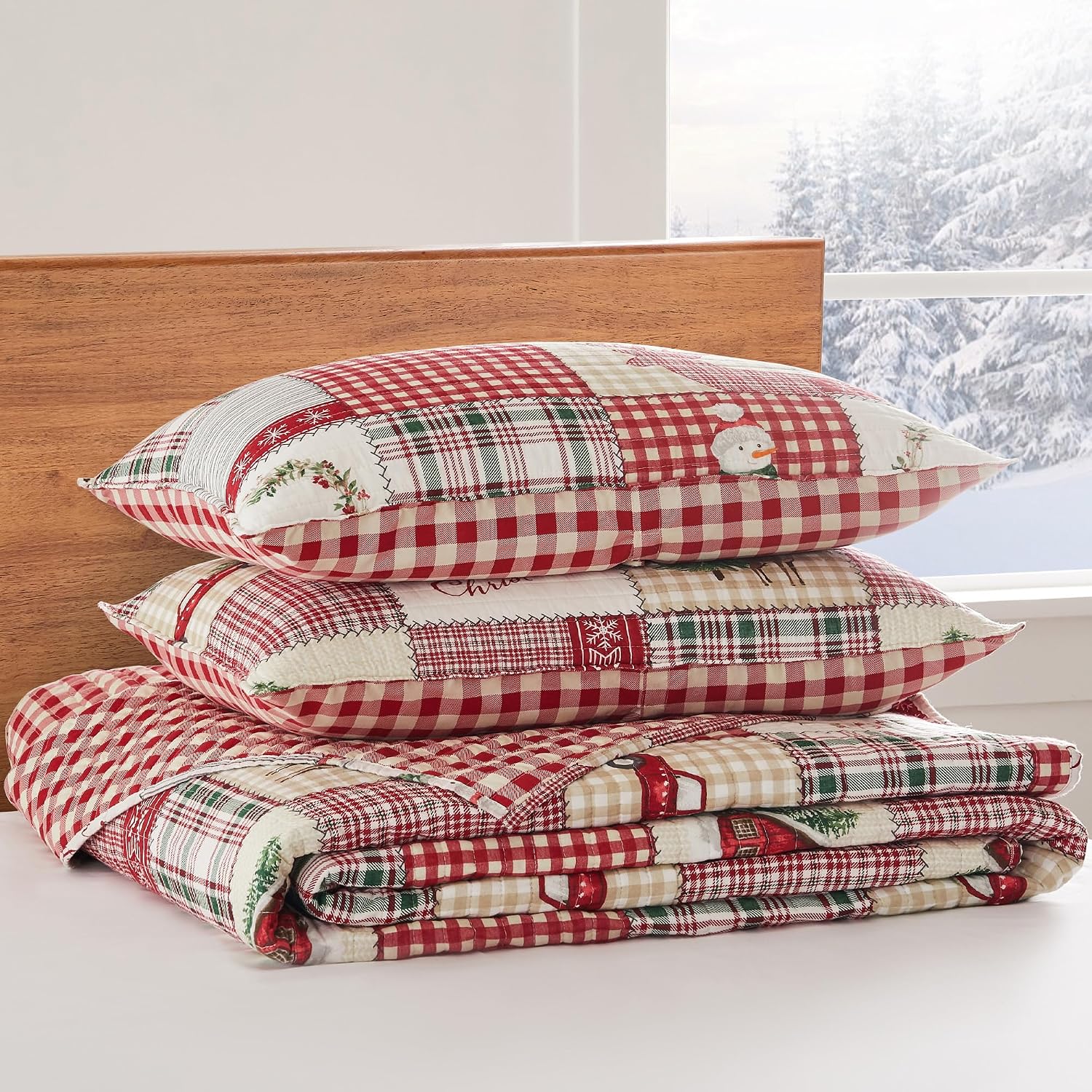 Levtex Home - Home for Christmas Bedspread Set - Full Bedspread and Two Standard Shams - Patchwork - Green Red Taupe Cream - Bedspread (96X106in.) and Shams (20x26in.) - Cotton