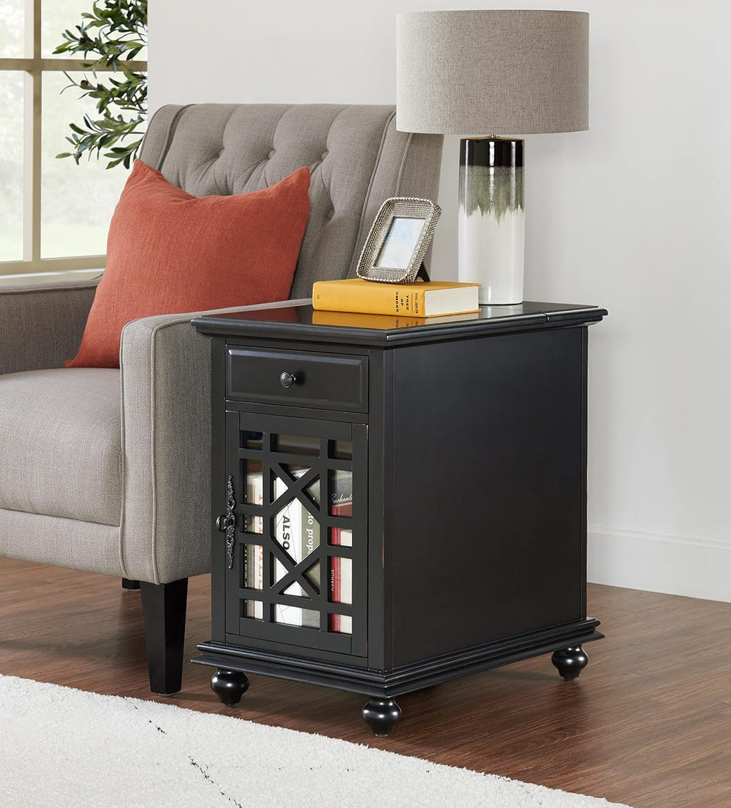 Martin Svensson Home Elegant Chairside End Table with Power — 24″W x 16″D x 25″H, Antique Black — Transitional Painted Accent Table with Flip-Top USB Charging, Drawer & Cabinet Storage