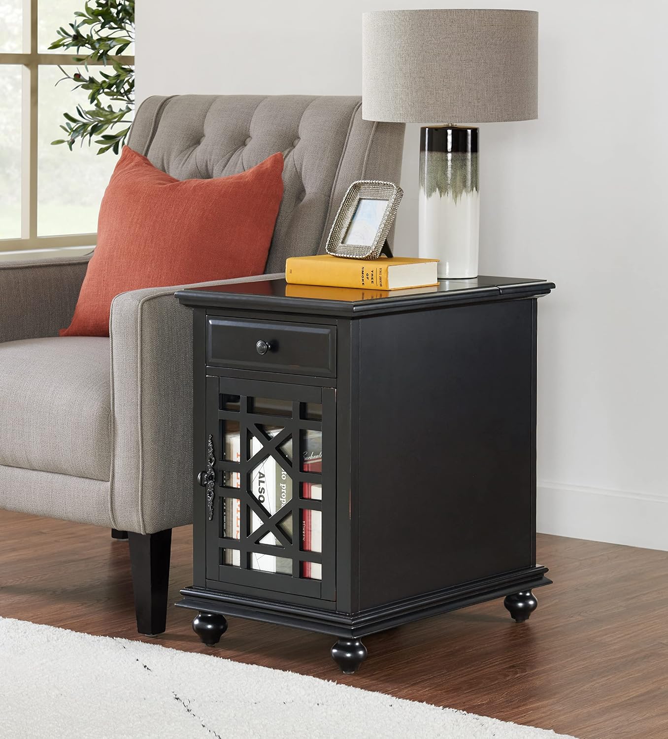 Martin Svensson Home Elegant Chairside End Table with Power — 24″W x 16″D x 25″H, Antique Black — Transitional Painted Accent Table with Flip-Top USB Charging, Drawer & Cabinet Storage