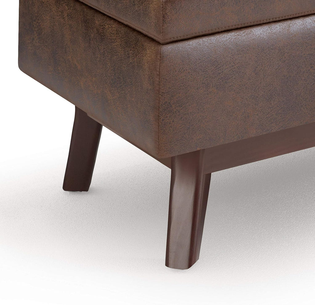 SIMPLIHOME Owen Small Rectangular Storage Ottoman - 36 inch Wide Upholstered Vegan Leather Lift-Top Ottoman in Distressed Chestnut Brown, Mid-Century Modern Ottoman for Living Room with Tufted Detail