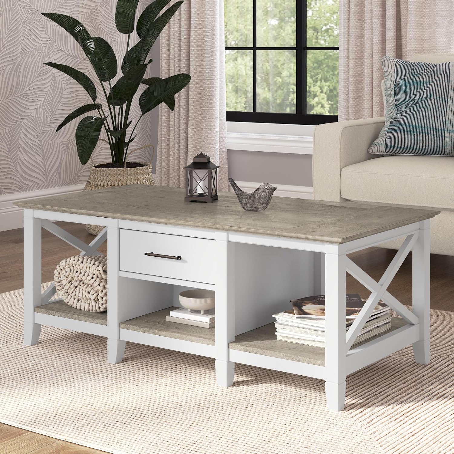 Bush Home Key West Coffee Table with Storage in Pure White and Shiplap Gray