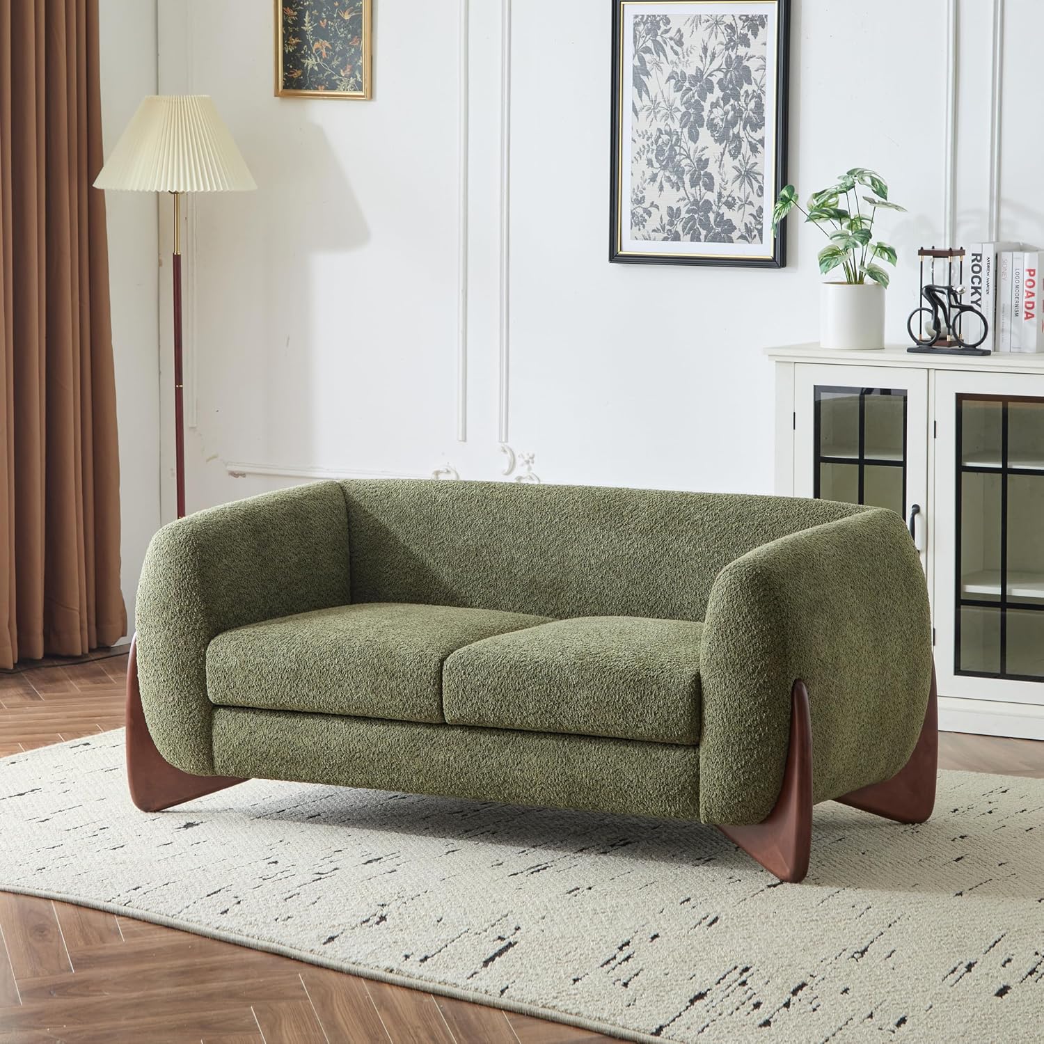 Christopher Knight Home Alma 63' Boucle Loveseat with Wood Legs, 2 Seater Sofa Couches for Living Room, Upholstered Couch Chair, Soft Seating Lounge Sofa Chair, Cozy Loveseat with Armrest, Olive Green