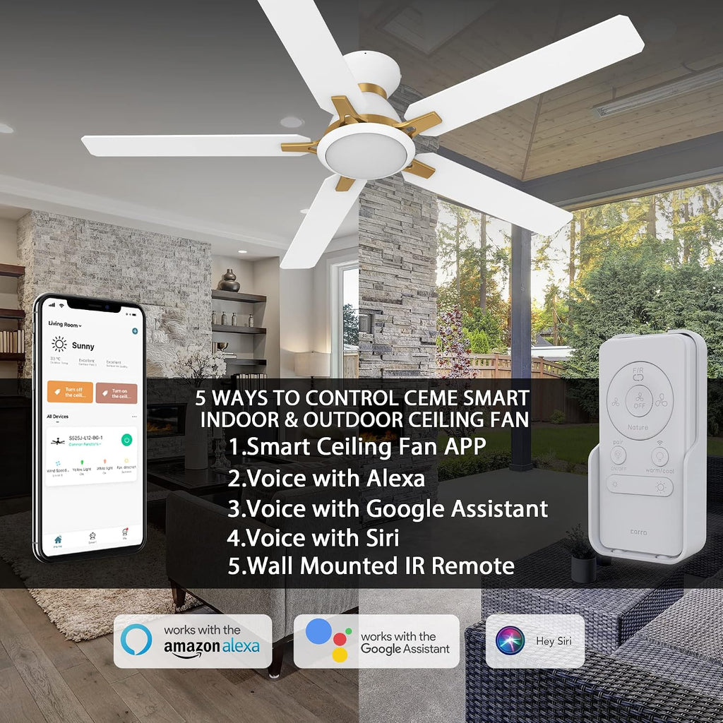 CEME 52' Smart Flush Mount Ceiling Fan with Lights and Remote, 5000 CFM Powerful Airflow, 10-Speed Quiet DC Motor, Works with Siri Alexa Google App, 1%-100% Dimmable LED, White Ceiling Fan for Bedroom