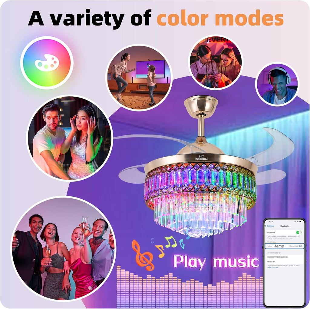 Retractable Crystal Ceiling Fan with Lights and Remote/APP Control, Bluetooth Ceiling Fan with Speaker, 6-Speed Reversible Blades, RGB Light, Invisible Fandelier for Bedroom Dinning Room 42'