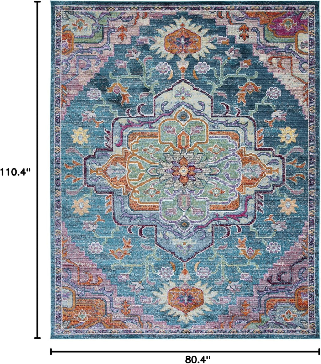 SAFAVIEH Crystal Collection Area Rug - 6'7' x 9'2', Teal & Rose, Medallion Distressed Design, Non-Shedding & Easy Care, Ideal for High Traffic Areas in Living Room, Bedroom (CRS501T)