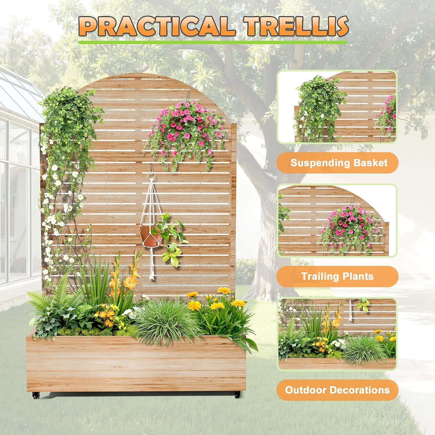 Metal Raised Garden Bed with Trellis, 2-in-1 Planter Box & Privacy Screen for Climbing Plants, Outdoor Standing Flower Bed with Drainage Holes, 47.2'L x 16.7'W x 70.8'H, Acacia Wood Grain-Louvered