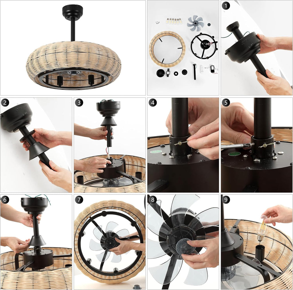 JONATHAN Y 23' Black 6-Light Modern Bohemian Ceiling Fan with Lights, 6-Speed Remote and App Control, Height Adjustable LED Lantern with Dark Brown Rattan Shade for Living Room JYL9728A