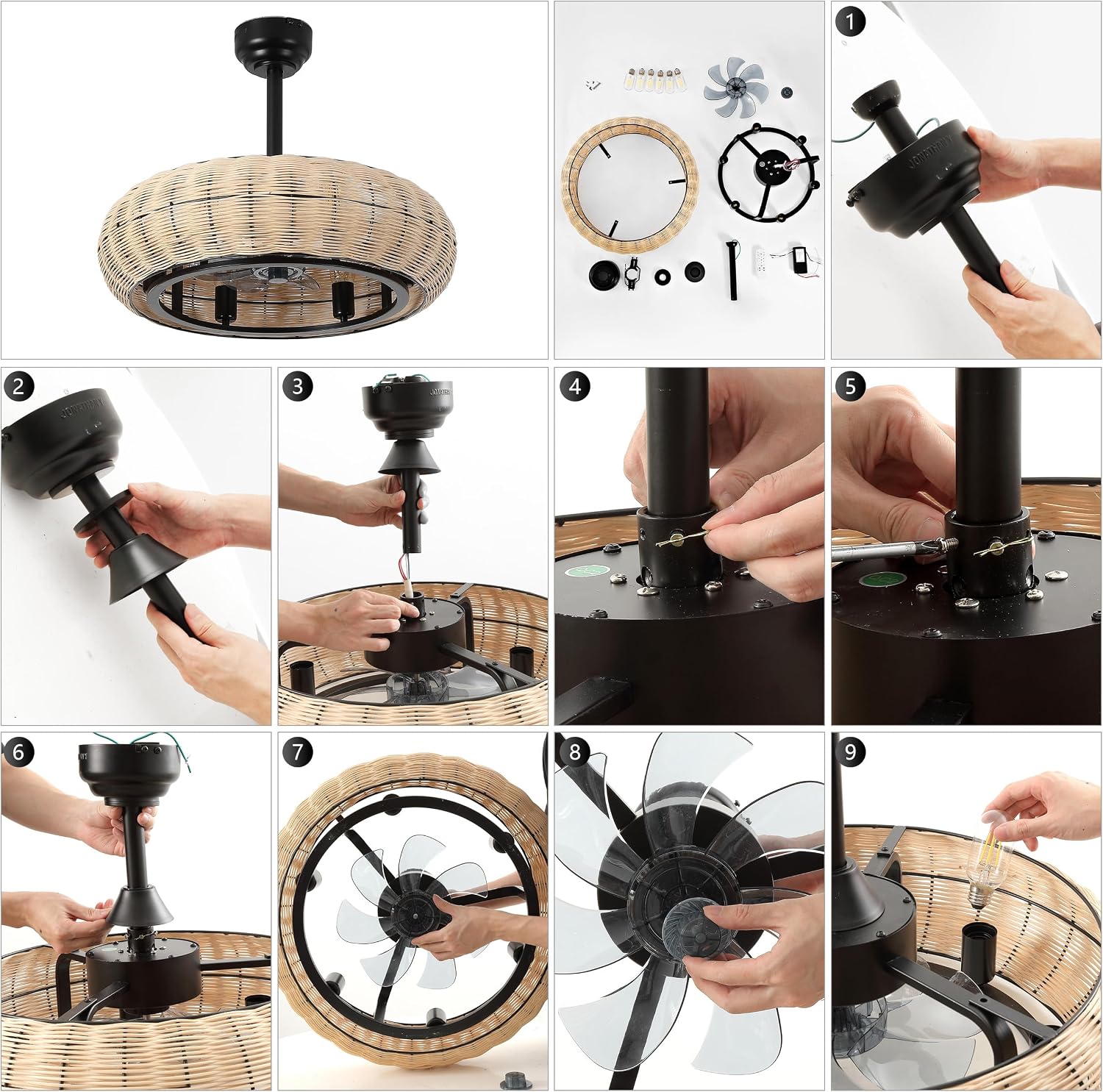 JONATHAN Y 23' Light Brown/Black 6-Light Modern Bohemian Ceiling Fan with Lights, 6-Speed Remote and App Control, Height Adjustable LED Lantern with Dark Brown Rattan Shade for Living Room (JYL9728B)