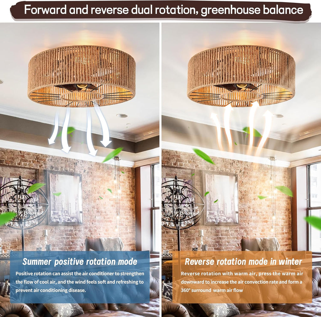 Caged Ceiling Fans with Lights Boho Ceiling Fan Enclosed Ceiling Fans Industrial Low Profile Ceiling Fan with Lights and Remote Hemp Rope Farmhouse Fans with Light for Bedroom Kitchen