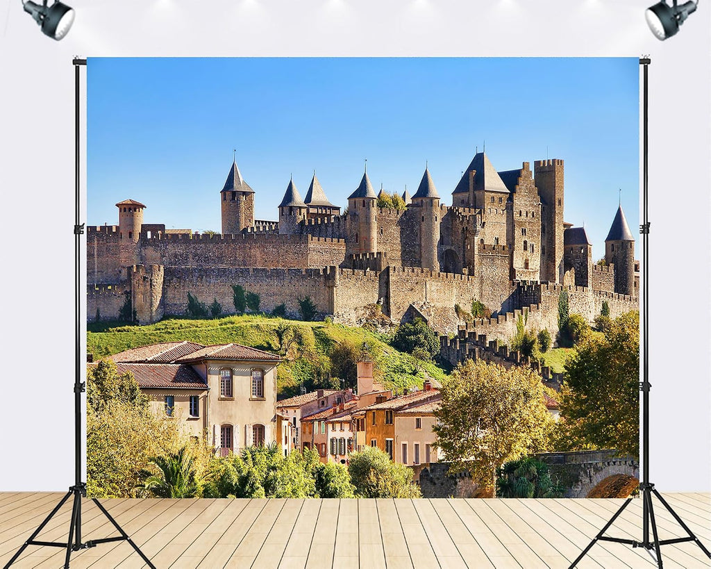 Trykid 20x10ft Medieval Fortified City Backdrop Stone Walls Turrets Terracotta Roofs Clear Blue Sky Photography Background Historical Renaissance Party Decoration Photo Booth Prop Fabric