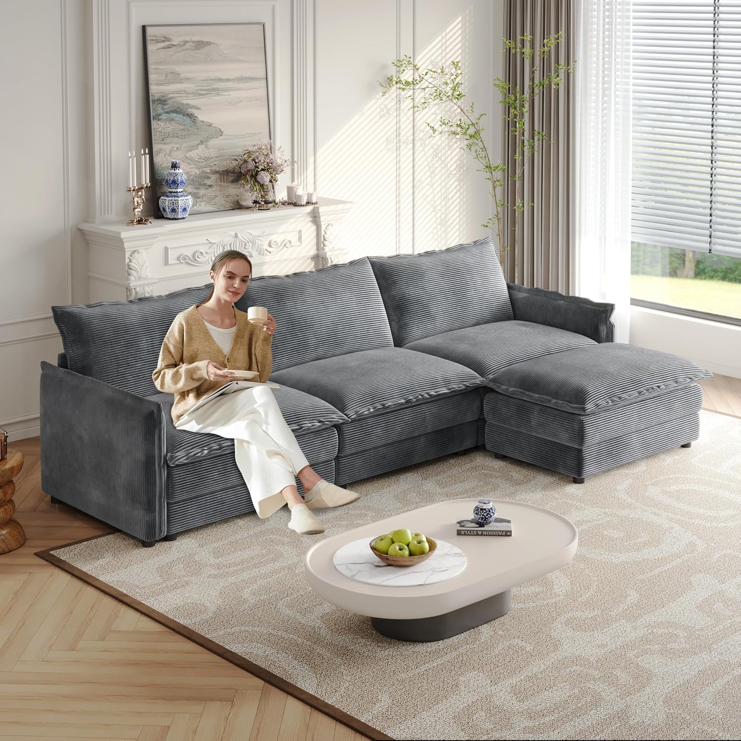 Gecheer Corduroy Fabric 3-Seater Couch with Movable Footrest, L-Shaped Sofa Set with 3 Cushions for Living Room, Bedroom, Terrace