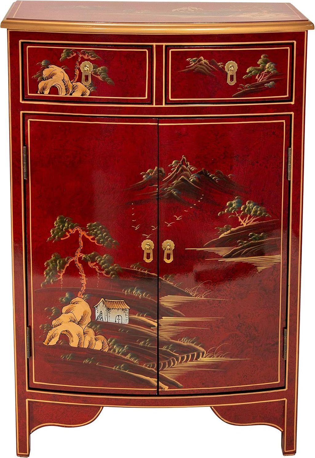 Red Lantern Artisan Crafted Lacquer Storage Cabinet - Red with Hand-Painted Chinese Landscape