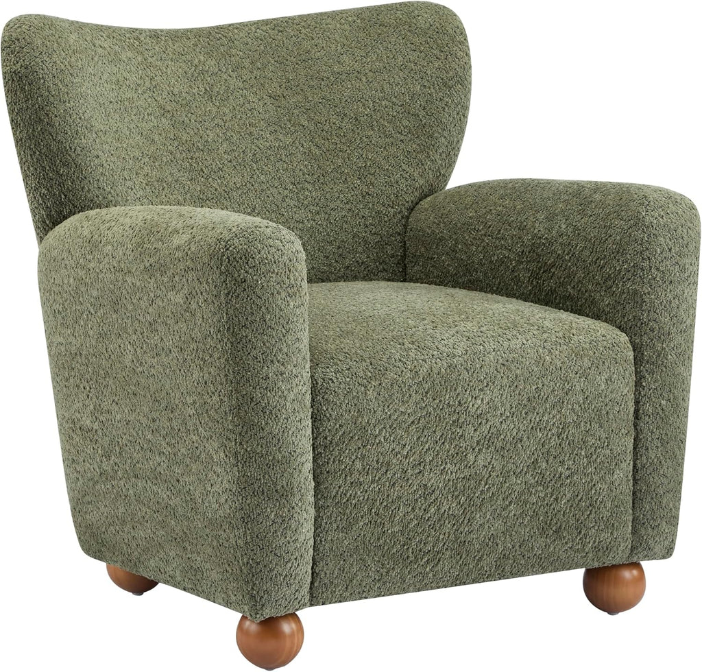 Christopher Knight Home Lindy Wingback Accent Chair, Upholstered Armchair with Rounded Wooden Legs, Curved Backrest Single Sofa, Soft Cushion Seating, Comfy Lounge Chair for Living Room, Olive Green