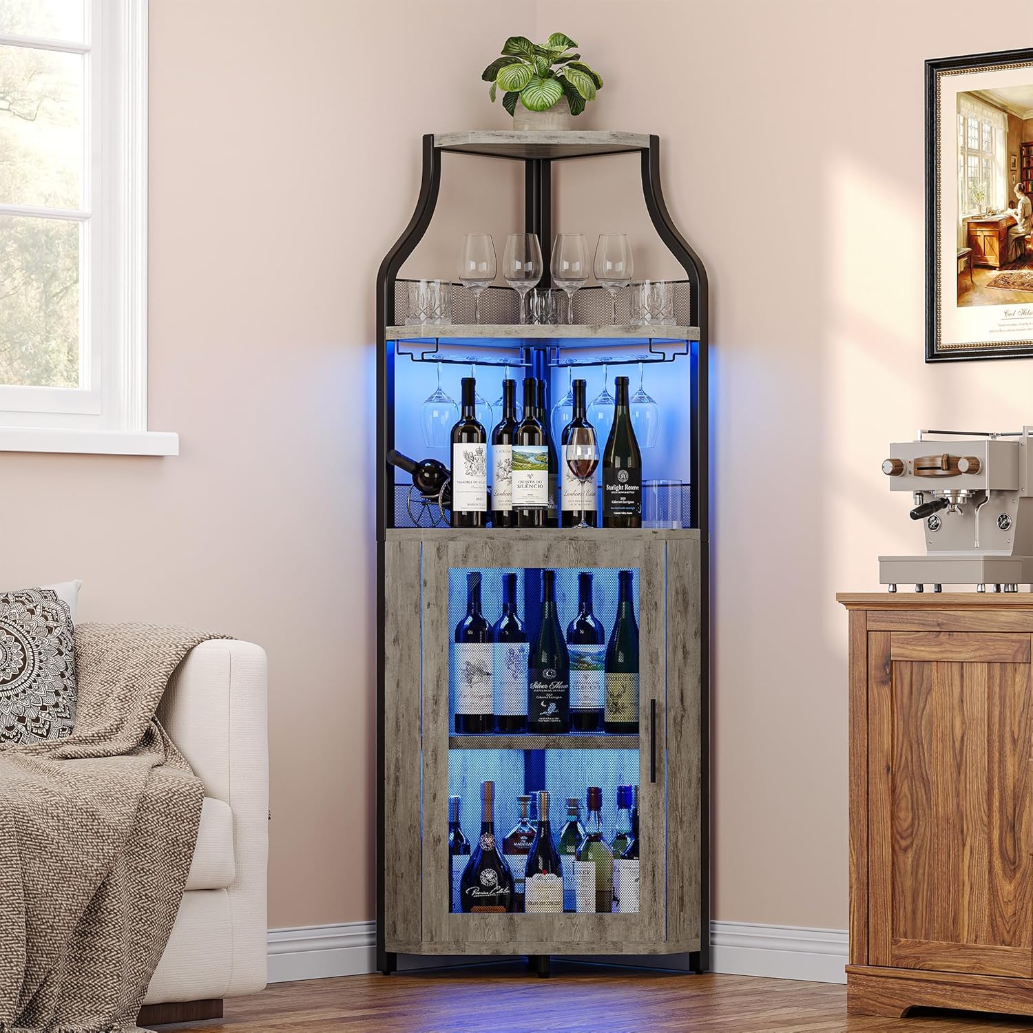 GarveeHome Corner Bar Wine Cabinet with LED Lights, 5-Tier Industrial Wine Cabinet with Glass Holder, Modern Liquor Cabinet with Adjustable Shelf, Home Bar Cabinet with Mesh Door, Grey