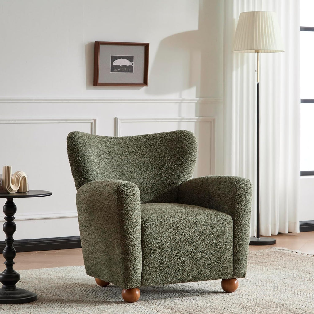Christopher Knight Home Lindy Wingback Accent Chair, Upholstered Armchair with Rounded Wooden Legs, Curved Backrest Single Sofa, Soft Cushion Seating, Comfy Lounge Chair for Living Room, Olive Green