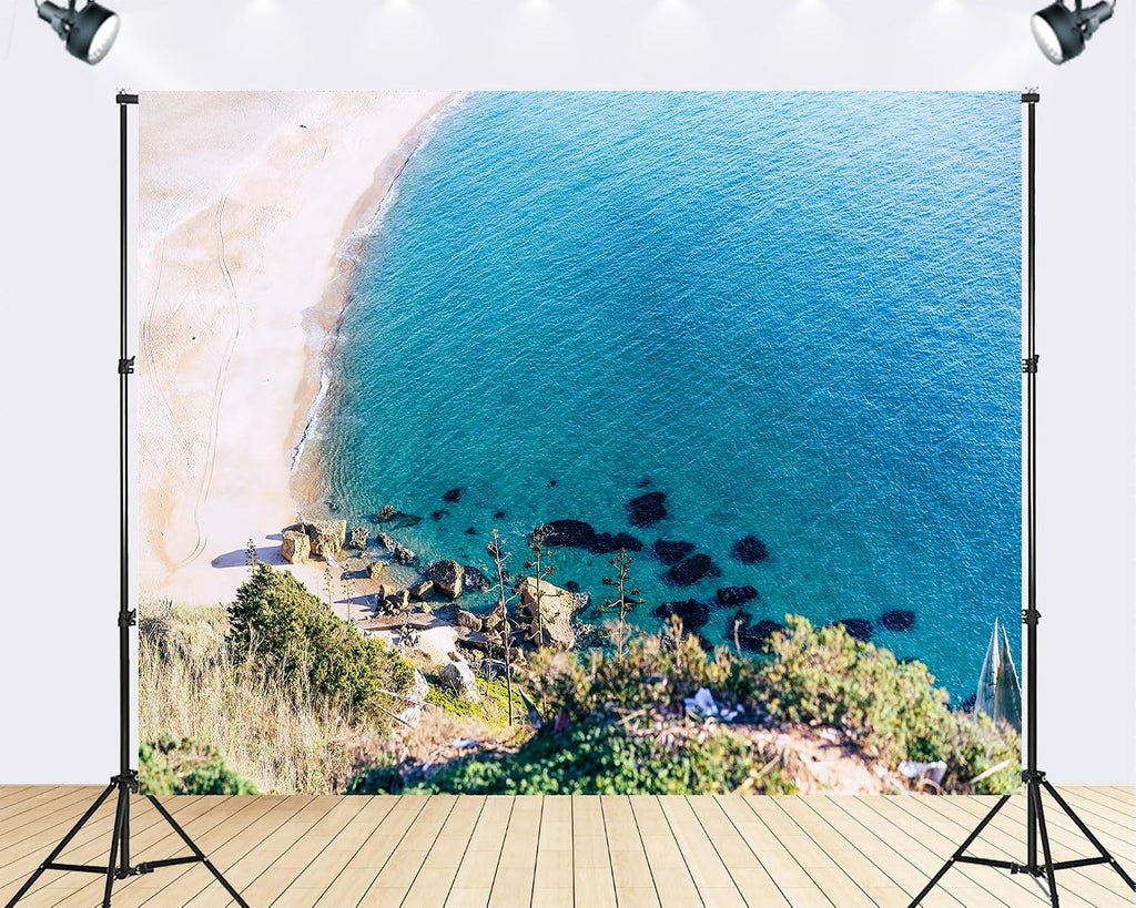 Trykid 20x10ft Aerial Calm Bay Backdrop White Sand Clear Water Coastal Bluff Photography Background Seaside Vacation Scenic View Tapestry Party Decoration Photo Studio Prop Fabric