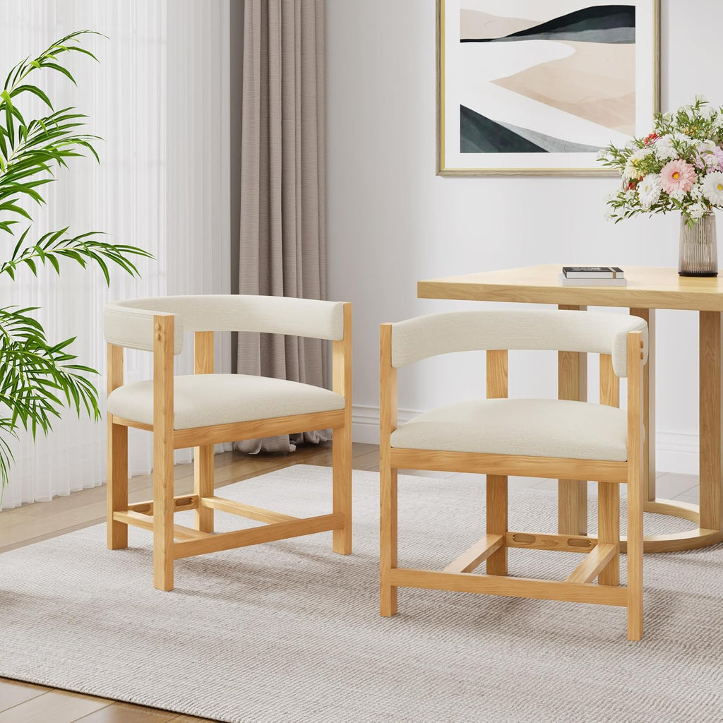 Christopher Knight Home Set of 2 Arley Modern Fabric Upholstered Dining Armchair, Sturdy Wooden Kitchen Side Chair with Ergonomic Backrest and Footrest, Soft Padded Barrel Accent Chair, Beige+Natural