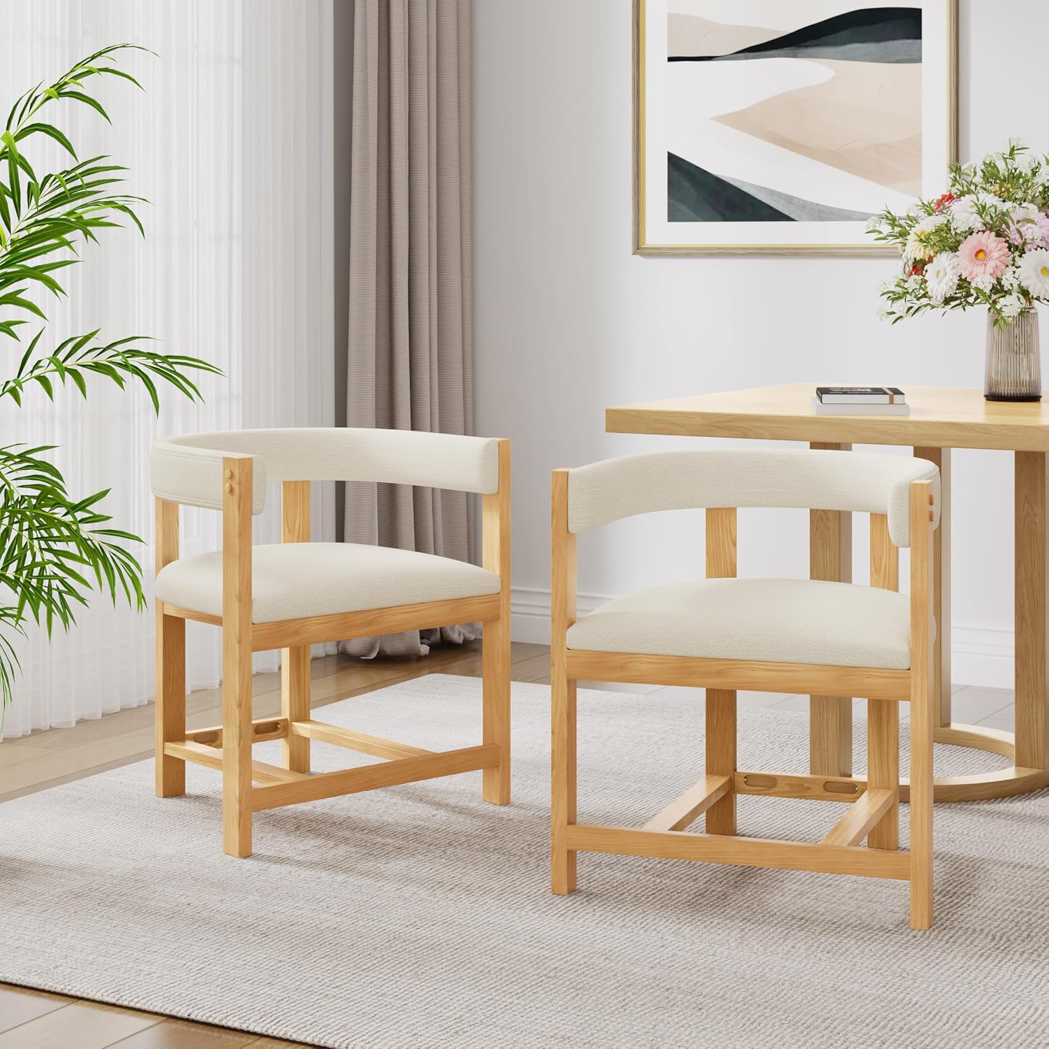 Christopher Knight Home Set of 2 Arley Modern Fabric Upholstered Dining Armchair, Sturdy Wooden Kitchen Side Chair with Ergonomic Backrest and Footrest, Soft Padded Barrel Accent Chair, Beige+Natural