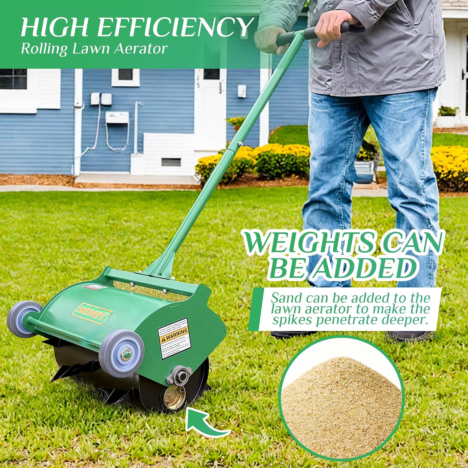 Rolling Lawn Aerator, Heavy Duty Push Spike Aeration Tool Up to 55 lbs, Manual Rotary Grass Aerator for Garden and Yard Use