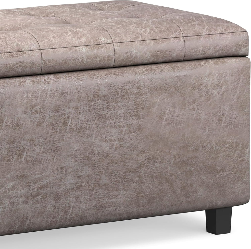 SIMPLIHOME Cosmopolitan Storage Ottoman - 34 inch Wide Upholstered Vegan Leather Rectangle Storage Ottoman Bench in Distressed Grey Taupe, Transitional Tufted Ottoman for Living Room with Lift-Up Lid