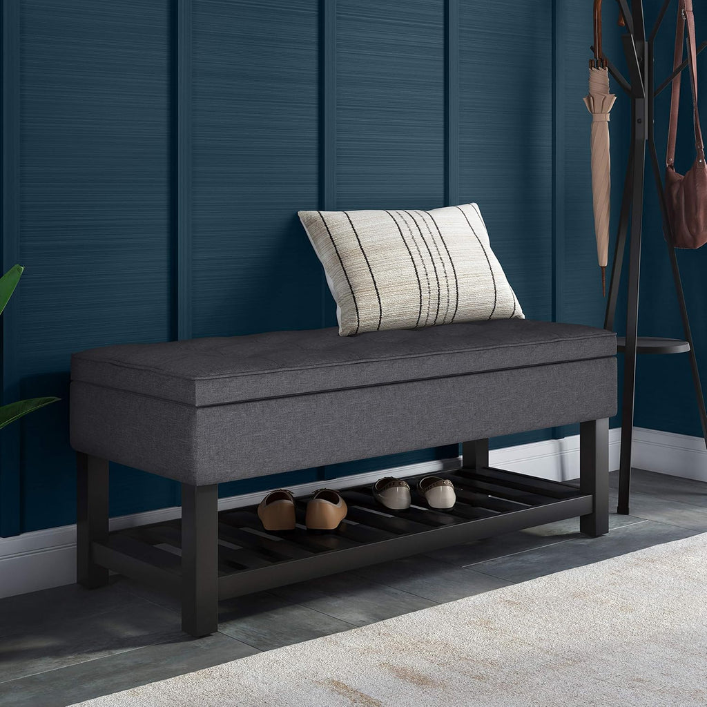 SIMPLIHOME Cosmopolitan Storage Ottoman Bench - 44 inch Wide Upholstered Linen Look Fabric Rectangle Storage Ottoman in Slate Grey, Transitional Bench for Bedroom with Tufted Lift-Top and Open Shelf