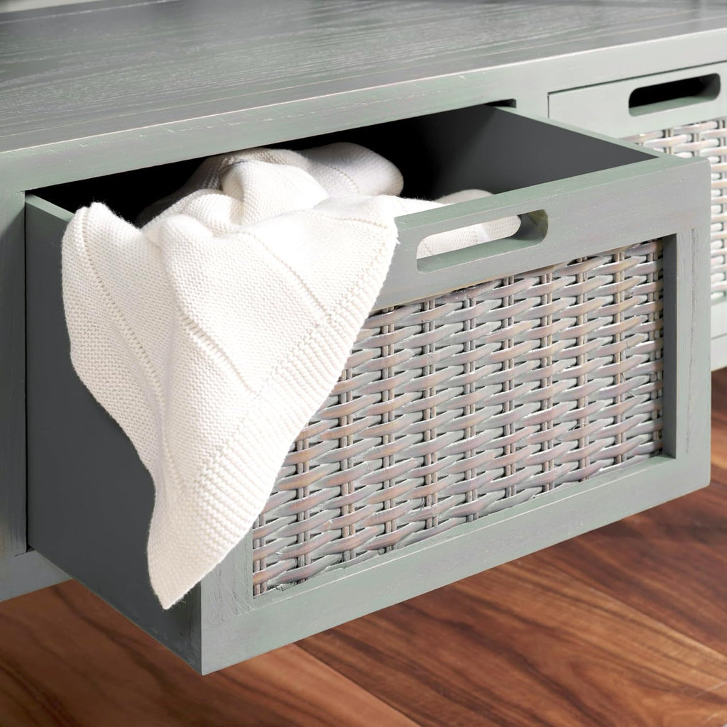 SAFAVIEH Home Collection – Joshua Ash Grey 3-Drawer Console Table with Shelf, Wicker Front Storage Drawers, Farmhouse-Inspired Accent Console for Entryway or Living Room (AMH6532B)