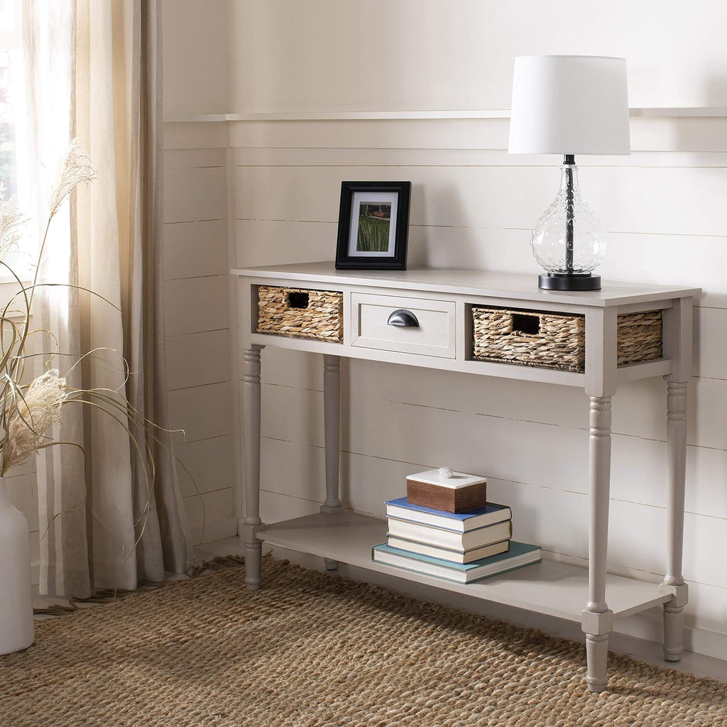 SAFAVIEH Home Collection – Christa Vintage Grey Console Table with Rattan Drawers & Shelf, Coastal Cottage Storage Console, Vintage Design (AMH5737D)
