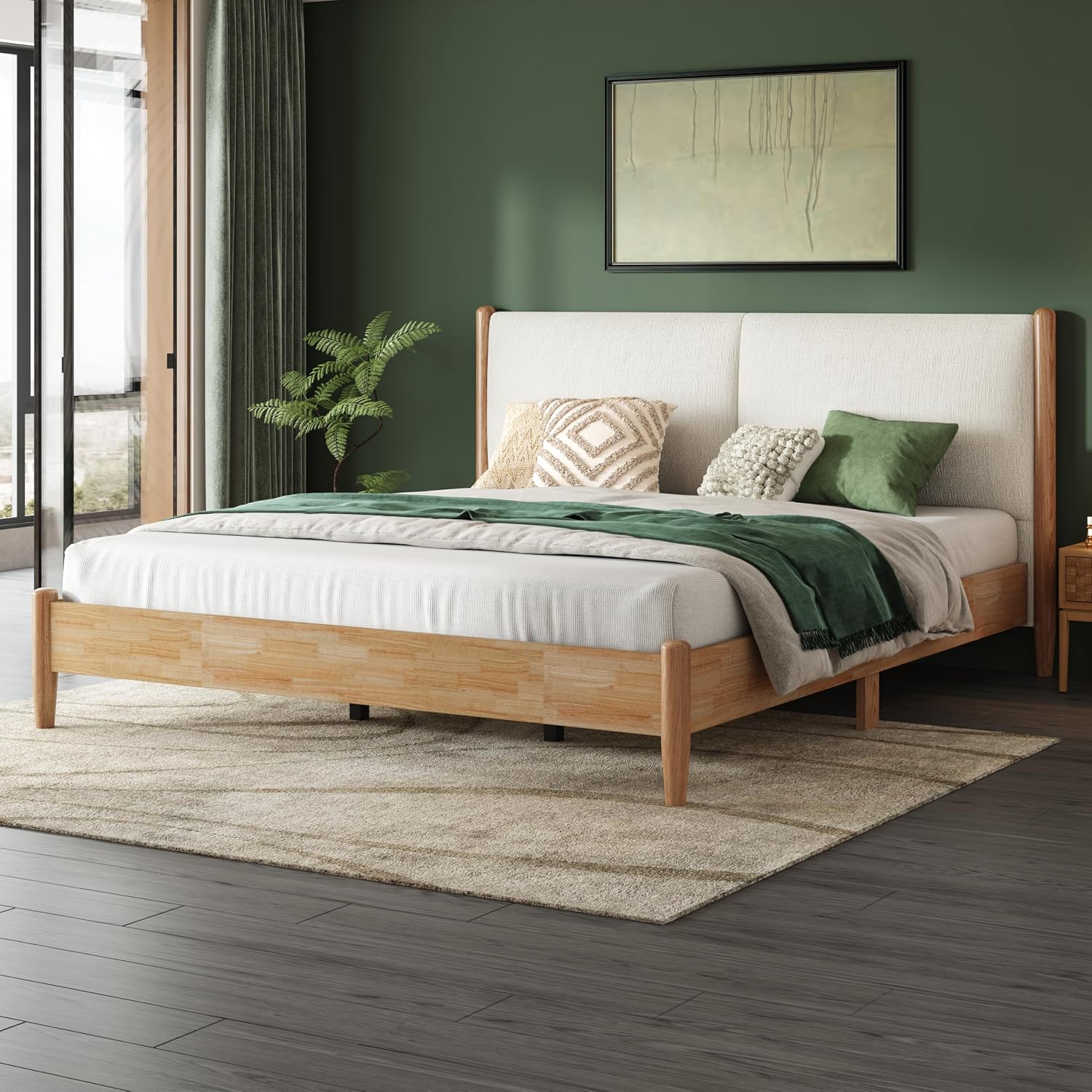 Christopher Knight Home Raven Modern King Size Bed Frame with Upholstered Headboard, Natural Wood King Size Platform Bed Frame and Headboard, No Box Spring Needed, Easy Assembly, White+Natural