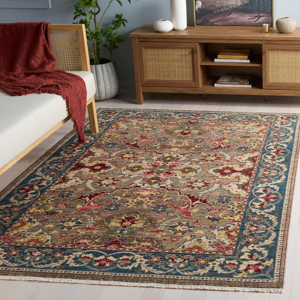 SAFAVIEH Kashan Collection Area Rug - 5'1' x 7'5', Taupe & Blue, Traditional Oriental Design, Non-Shedding & Easy Care, Ideal for High Traffic Areas in Living Room, Bedroom (KSN307E)