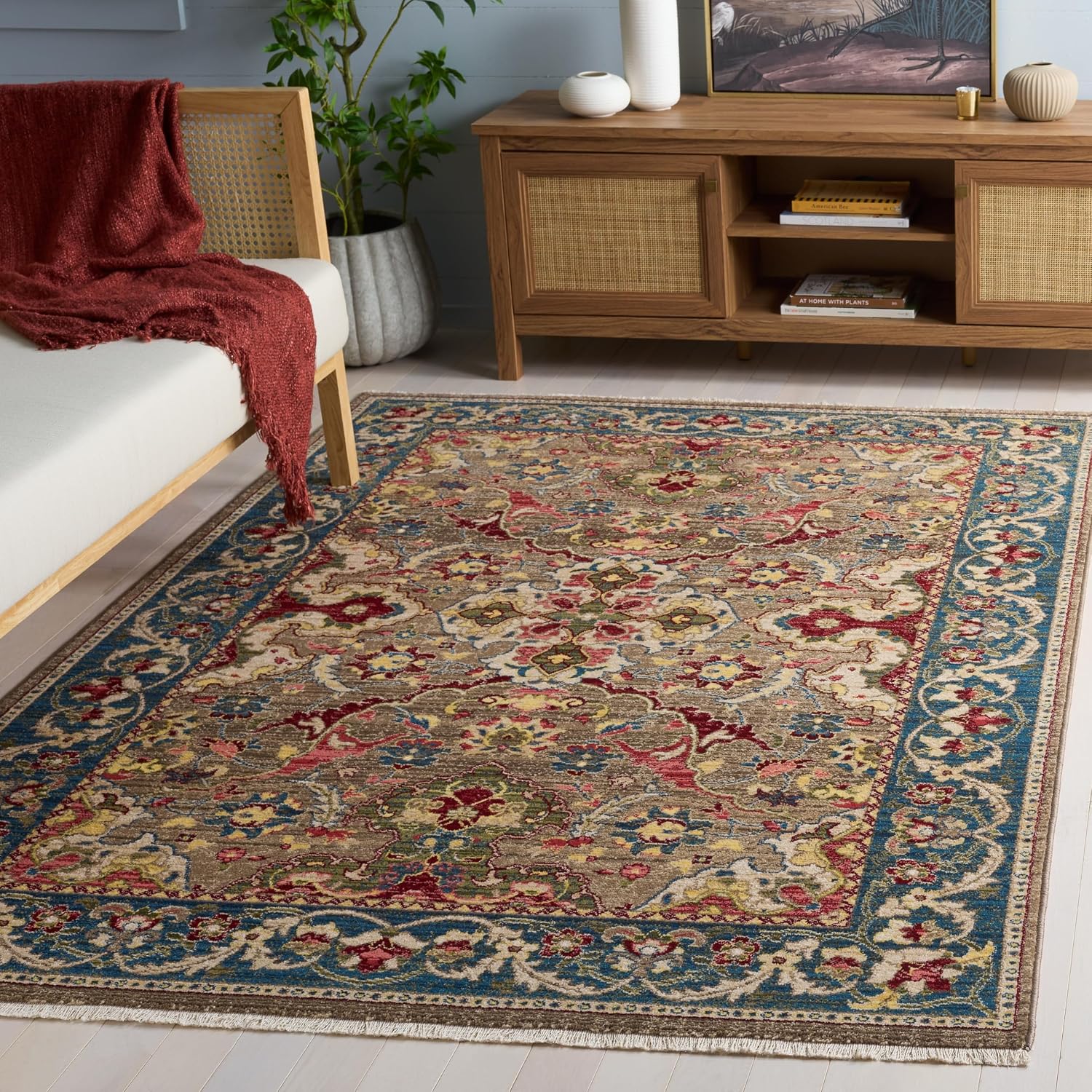 SAFAVIEH Kashan Collection Area Rug - 5'1' x 7'5', Taupe & Blue, Traditional Oriental Design, Non-Shedding & Easy Care, Ideal for High Traffic Areas in Living Room, Bedroom (KSN307E)
