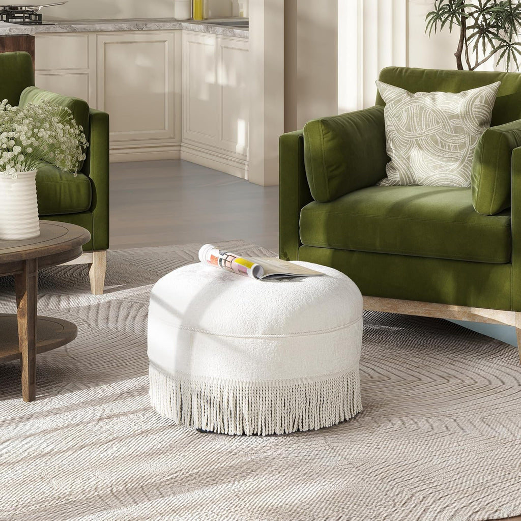 Jennifer Taylor Home Yolanda 24' Round Upholstered Accent Ottoman in Almond White Chenille