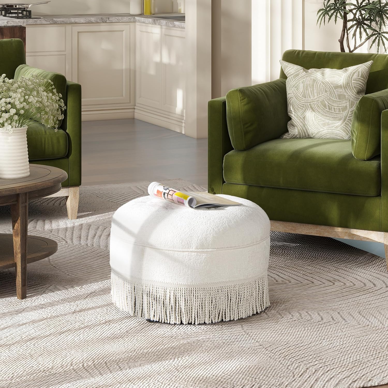 Jennifer Taylor Home Yolanda 24' Round Upholstered Accent Ottoman in Almond White Chenille