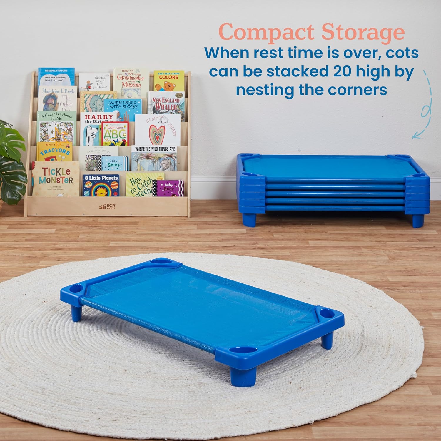 ECR4Kids Streamline Cot, Ready-to-Assemble, Toddler Size, Classroom Furniture, Blue, 6-Pack