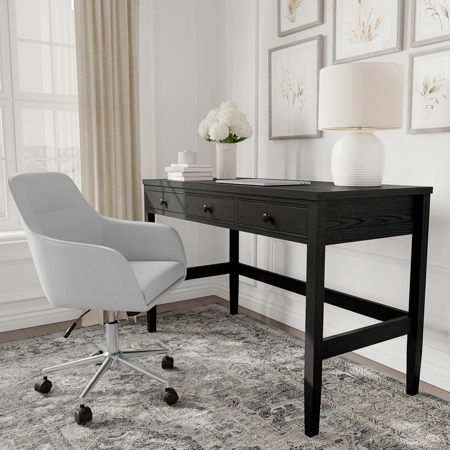 Martha Stewart Rhett Home Office Desk with 3 Drawers and Tapered Legs in Black with Oil Rubbed Bronze Hardware