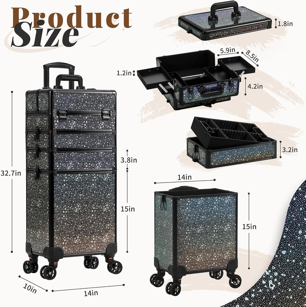 AROUS Rolling Makeup Train Case 5 in 1 Cosmetology Case on Wheels Large Cosmetic Organizer Travel Cart for Hairstylist Artist Nail Beauty Salon Barber,Black