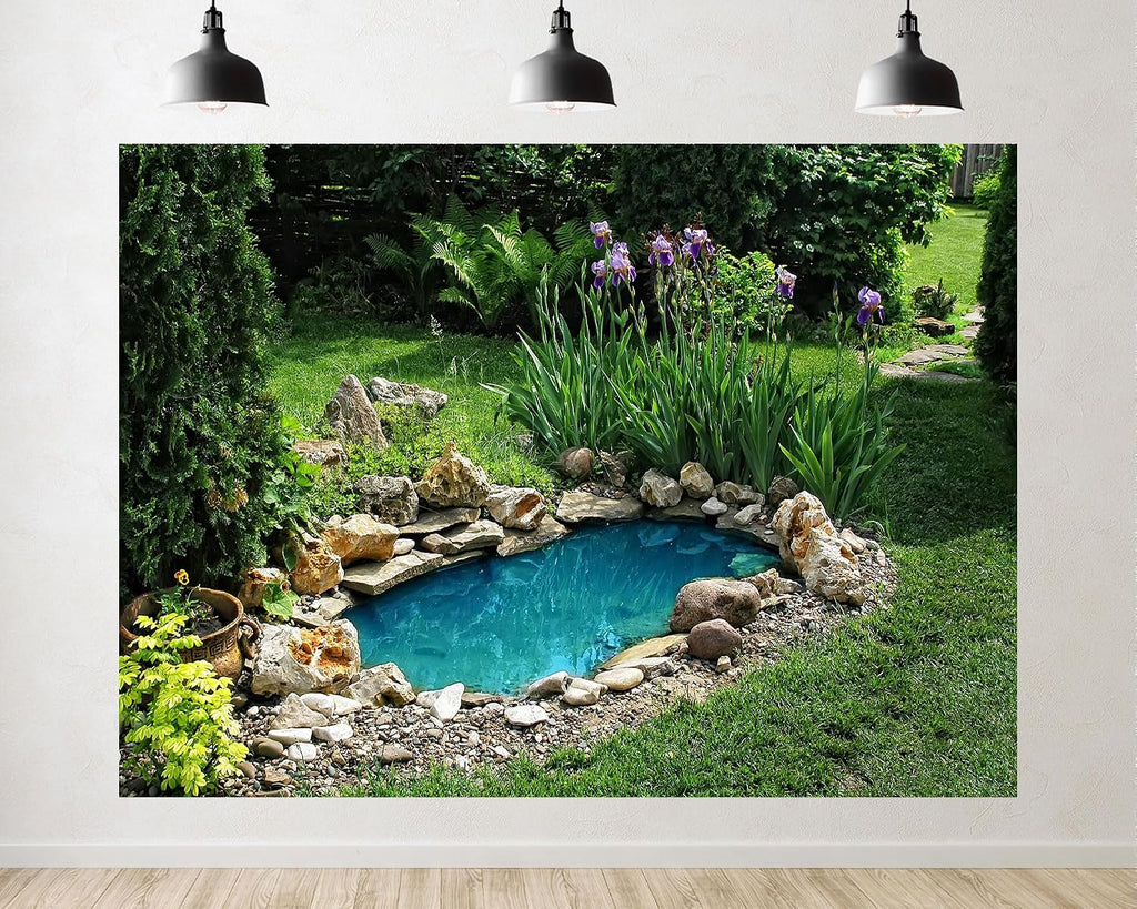 Trykid 20x10ft Backyard Pond Backdrop Iris Blooms Smooth Rocks Lush Foliage Clear Turquoise Water Tranquil Garden Photography Background Peaceful Retreat Decoration Photo Booth Prop Fabric
