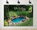 Trykid 20x10ft Backyard Pond Backdrop Iris Blooms Smooth Rocks Lush Foliage Clear Turquoise Water Tranquil Garden Photography Background Peaceful Retreat Decoration Photo Booth Prop Fabric