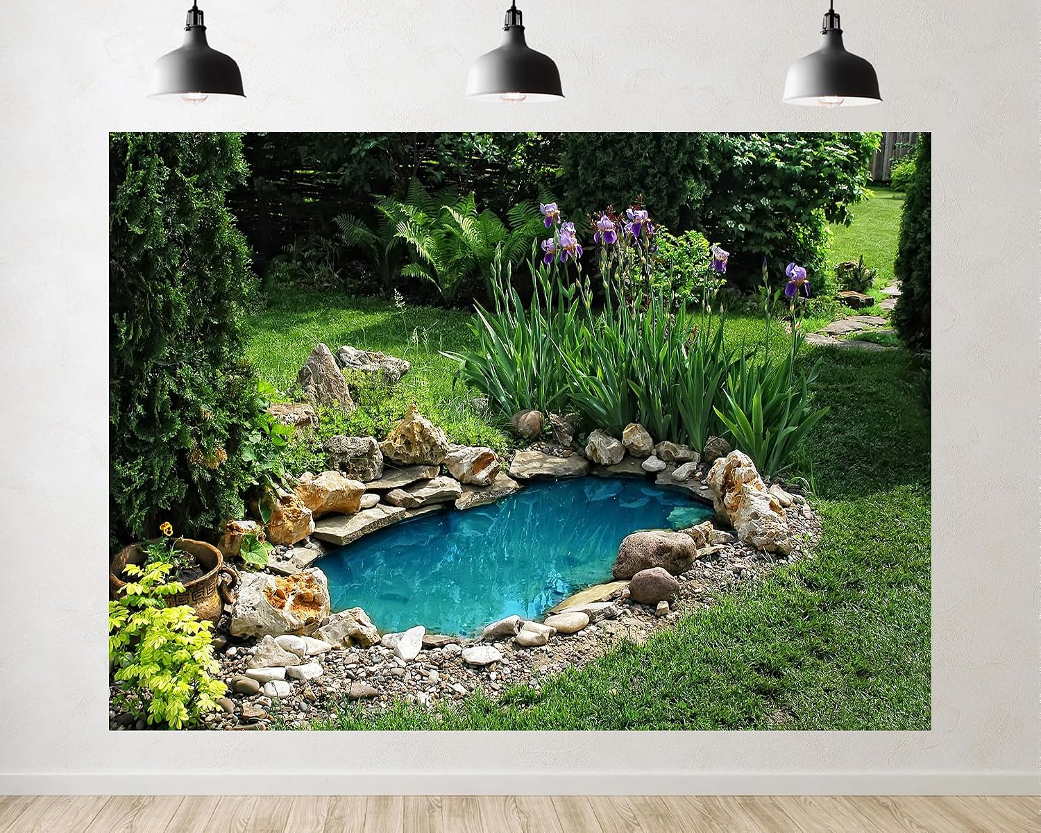 Trykid 20x10ft Backyard Pond Backdrop Iris Blooms Smooth Rocks Lush Foliage Clear Turquoise Water Tranquil Garden Photography Background Peaceful Retreat Decoration Photo Booth Prop Fabric
