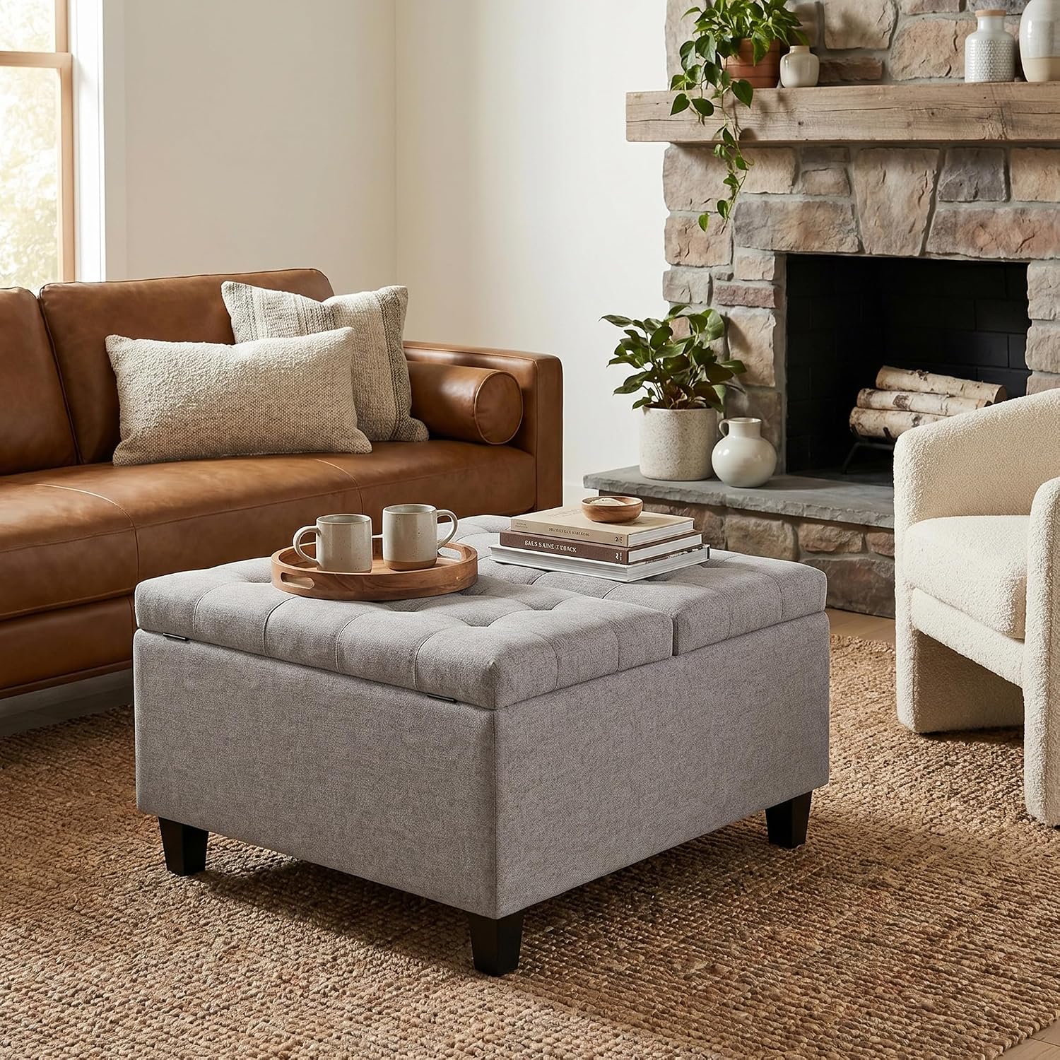 SIMPLIHOME Harrison Small Coffee Table Storage Ottoman - 30 inch Wide Upholstered Linen Look Fabric Square Lift-Top Ottoman in Cloud Grey, Transitional Ottoman for Living Room with Hidden Storage