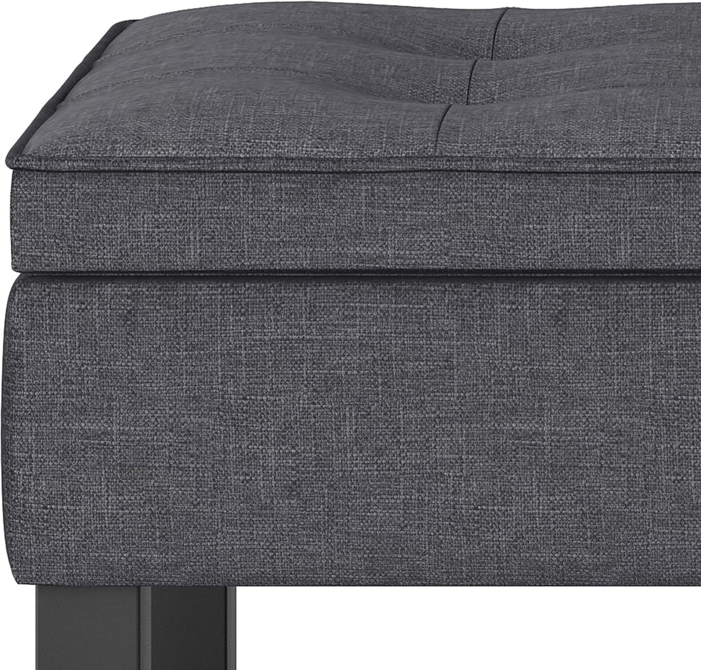 SIMPLIHOME Cosmopolitan Storage Ottoman Bench - 44 inch Wide Upholstered Linen Look Fabric Rectangle Storage Ottoman in Slate Grey, Transitional Bench for Bedroom with Tufted Lift-Top and Open Shelf