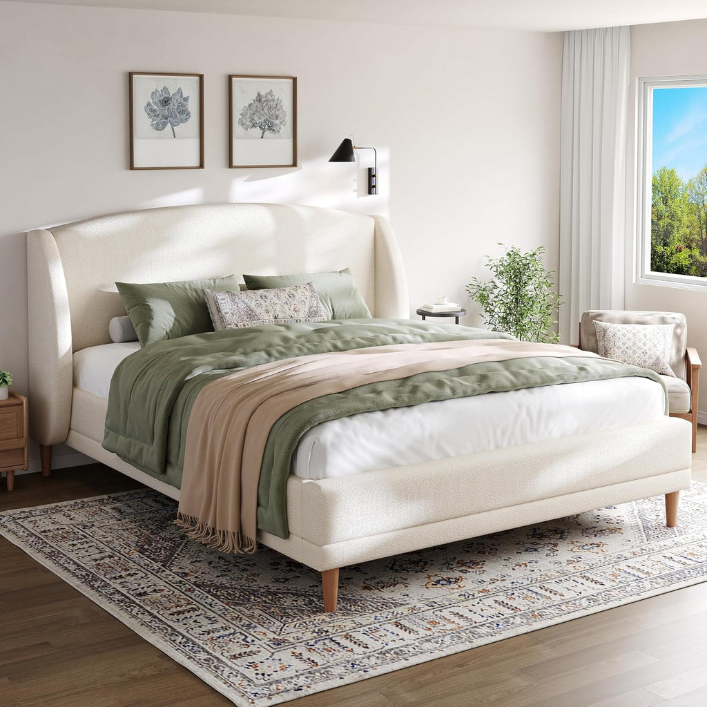 Christopher Knight Home Hazel Queen Size Bed Frame, Upholstered Platform Bed, Soft Boucle Wingback Headboard, Wood Bed Support and Slats, Curved-Shaped Headboard Queen Bed for Adult, 44.50' H White