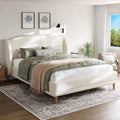 Christopher Knight Home Hazel Queen Size Bed Frame, Upholstered Platform Bed, Soft Boucle Wingback Headboard, Wood Bed Support and Slats, Curved-Shaped Headboard Queen Bed for Adult, 44.50' H White