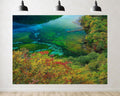 Trykid 20x10ft Turquoise Lake Autumn Foliage Backdrop Logs Trees Clear Water Expansive View Photography Background for Wedding Party Event Decoration Photo Booth Prop Fabric