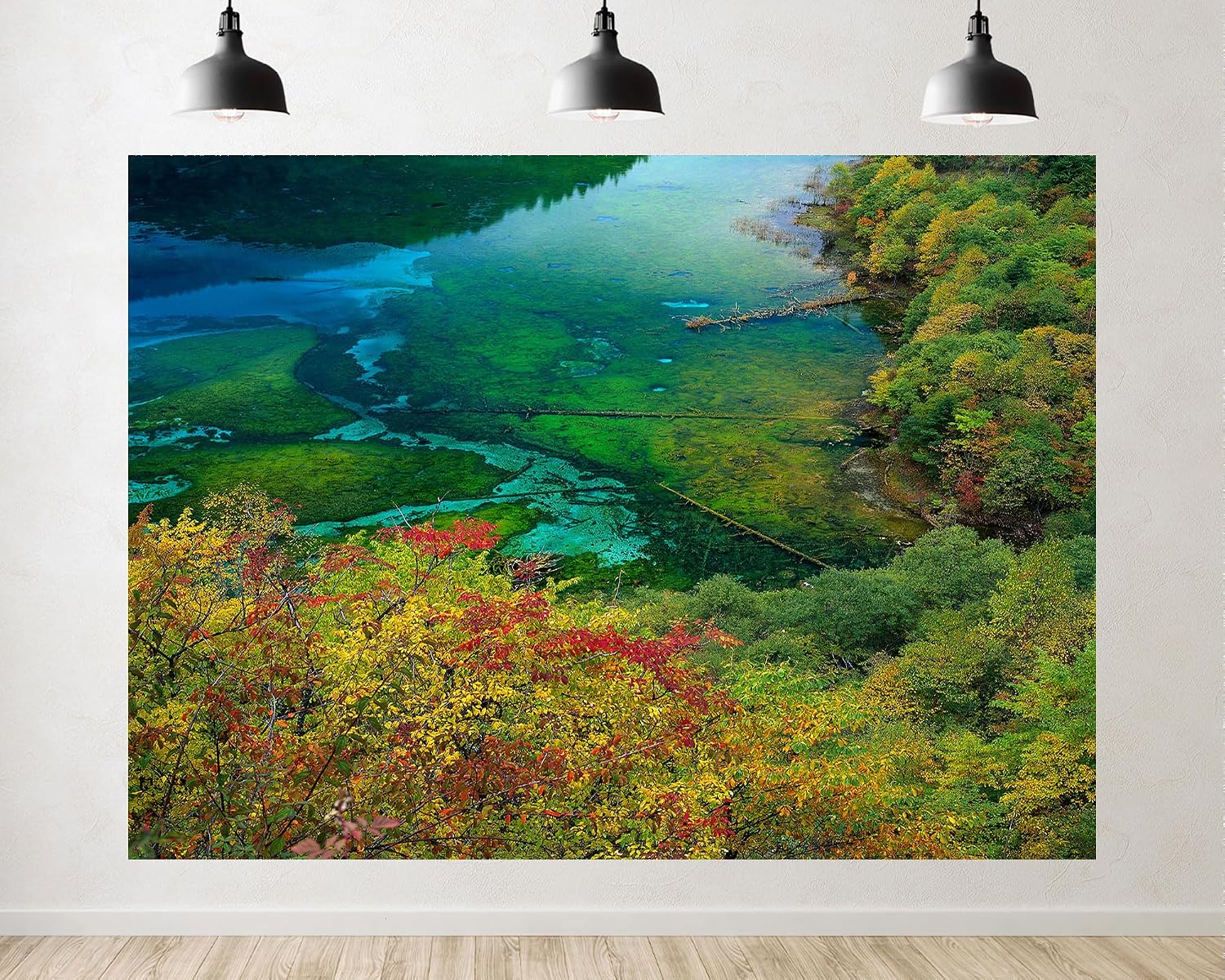 Trykid 20x10ft Turquoise Lake Autumn Foliage Backdrop Logs Trees Clear Water Expansive View Photography Background for Wedding Party Event Decoration Photo Booth Prop Fabric